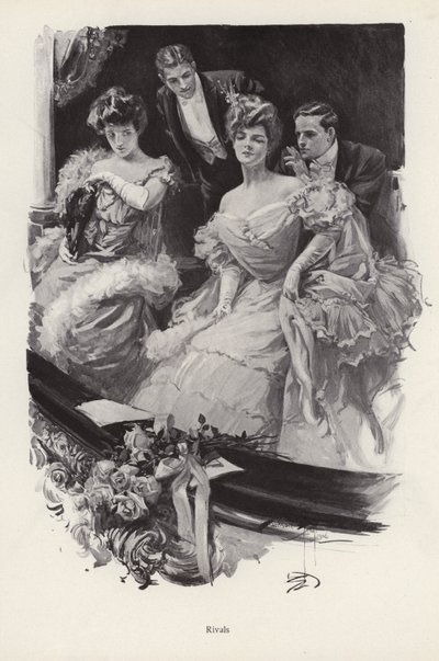 To kvinder i en boks på teatret i konkurrence med hinanden om mandlig opmærksomhed (litho) af Harrison Fisher