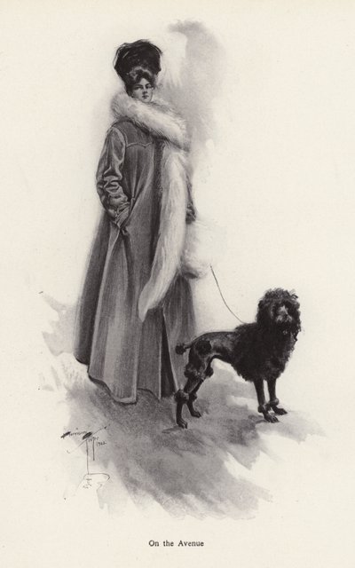 Kvinde i en lang frakke med en puddel (litho) af Harrison Fisher