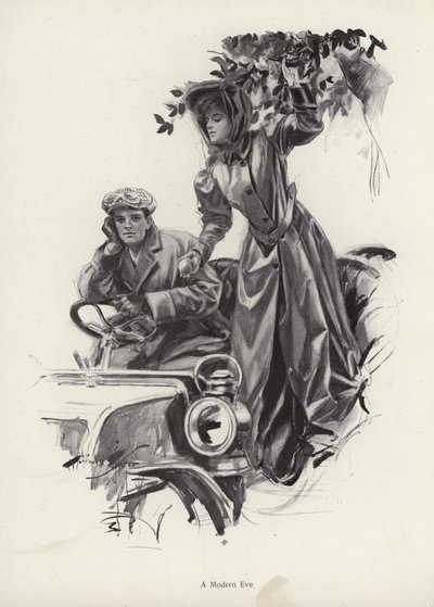 Kvinde plukker æbler inde fra en bil (litho) af Harrison Fisher
