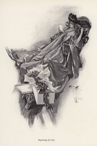 Kvinde modtager en buket blomster fra en beundrer (litho) af Harrison Fisher