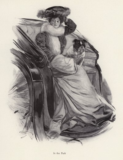 Kvinde sidder i en vogn med sin hund (litho) af Harrison Fisher