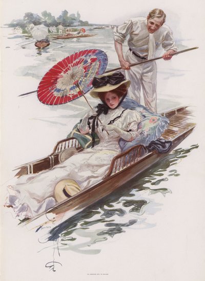 Ung amerikansk kvinde nyder en punttur på en engelsk flod (farve litho) af Harrison Fisher