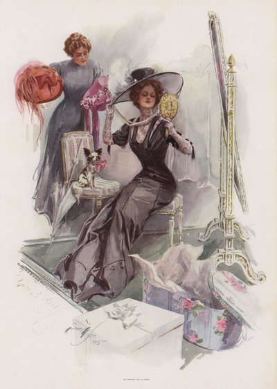 Ung amerikansk kvinde prøver hatte på hos en fransk møller (farve litho) af Harrison Fisher