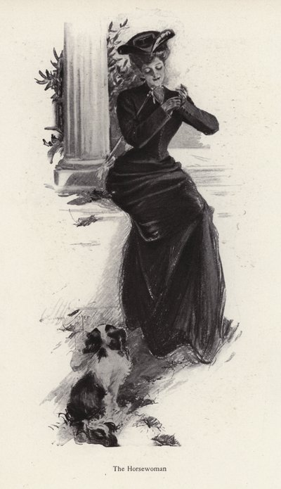 Ung kvinde og hendes hund venter på at ride (litho) af Harrison Fisher