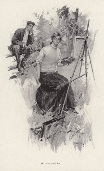 Ung kvinde kunstner maler på landet, mens en ung mand ser på (litho) af Harrison Fisher