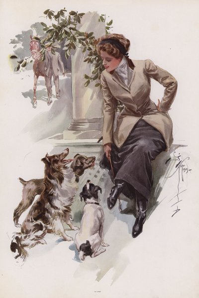 Ung kvinde i sin ridevane sidder med sine hunde (farve litho) af Harrison Fisher