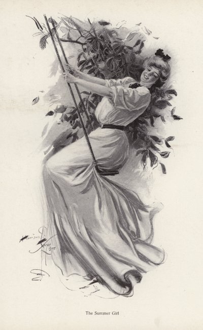 Ung kvinde på en gynge (litho) af Harrison Fisher