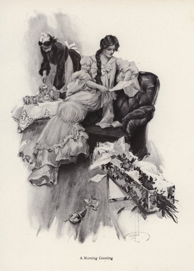 Ung kvinde modtager en buket blomster og et brev fra en beundrer (litho) af Harrison Fisher
