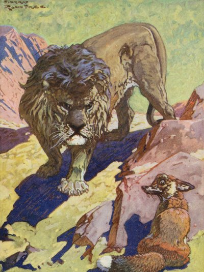 Æsops fabler: Ræven og løven (farvelitografi) af Harry (1878 1950) Rountree