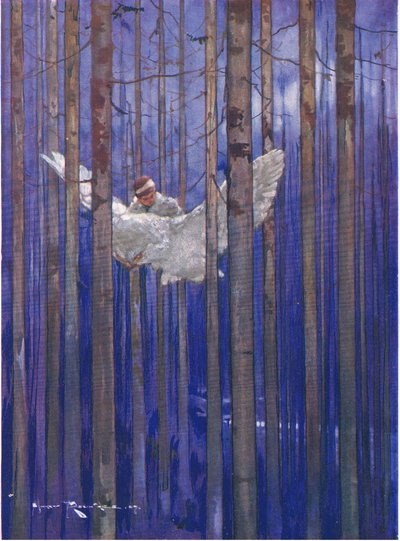 Uglen og Gilbert havde pragtfulde ture i måneskin (fra The Forest Foundling) (farve litho) af Harry Rountree