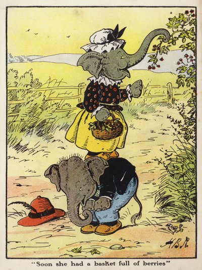 "Snart havde hun en kurv fuld af bær" (farve litho) af Harry B Neilson