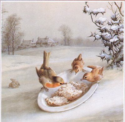 Robins and Wrens: Vintermorgenmad, postkort af Harry Bright