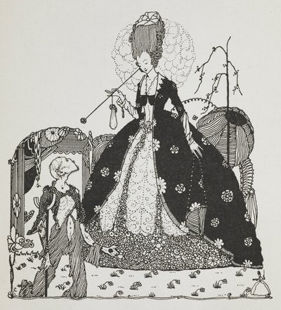 En dame kigger ned på en bonde og tigger om penge. af Harry Clarke