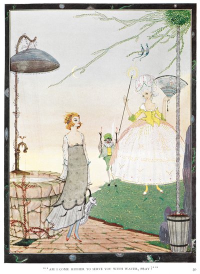 "Er jeg kommet her for at tjene dig med vand, bed?" Illustration til historien, "feen." En ung kvinde møder en fe med udseende som en velklædt dame. af Harry Clarke