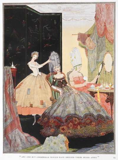 "Alle andre end Askepot ville have ordnet deres hår skævt, men hun var meget god og klædte dem perfekt." Askepot hjælper to af sine søstre med at blive klar til aftenen. af Harry Clarke
