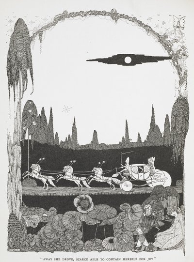 "Væk kørte hun, næsten ikke i stand til at rumme sig af glæde." Illustration til historien Askepot eller den lille glastøffel«. af Harry Clarke