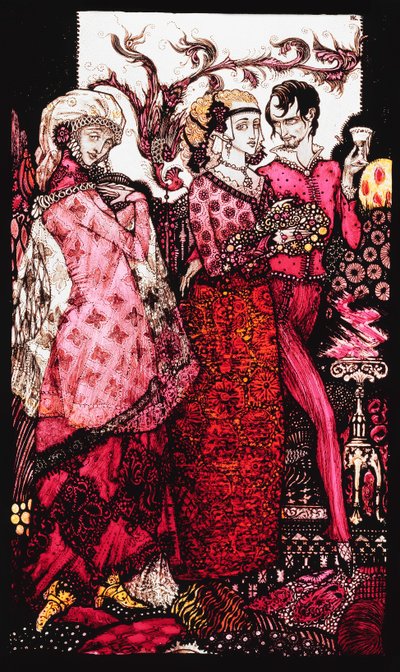 Bert the Bigfoot, sunget af Villon". "Queens", ni glaspaneler syrnede, farvede og malede, Illustrerende J.M. Synges digt, 1917 af Harry Clarke