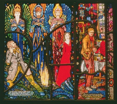 Detalje fra Geneve-vinduet, der forestiller The Demi Gods af James Stephens og Juno and the Paycock af Sean OCasey, 1929 af Harry Clarke