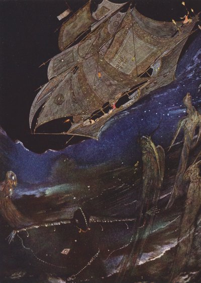 Edgar Allan Poe: MS Found in a Bottle (farvelitografi) af Harry Clarke