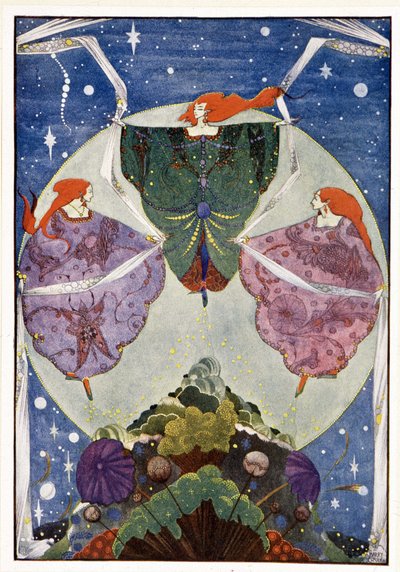 Feer:”” De dansede med sjaler, der var vævet af tåge og måneskin””: Elverbakken - i “” Eventyr”” af HC Andersen, ill. af Harry Clarke af Harry Clarke