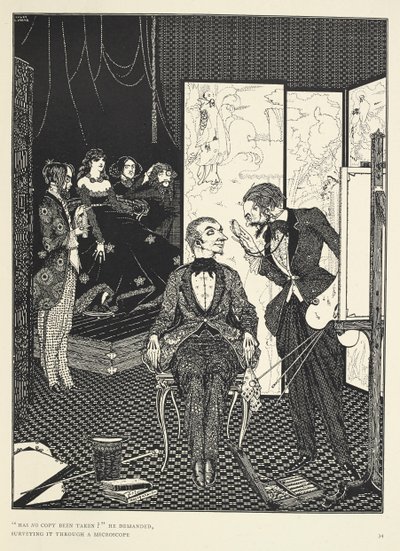 "Eikö kopiota ole otettu?" hän kysyi tutkien sitä mikroskoopilla. Kuvitus tarinalle "Paholainen kellotapulissa". af Harry Clarke
