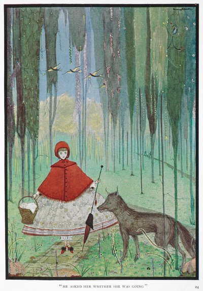 "Han spurgte hende, hvor hun skulle hen." Rødhætte møder ulven i en skov. af Harry Clarke