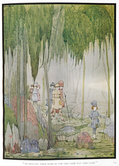 "Hän toi heidät kotiin samaa tietä kuin he tulivat." Tarinan kuvitus, "pieni peukalo". Lapset metsässä. af Harry Clarke