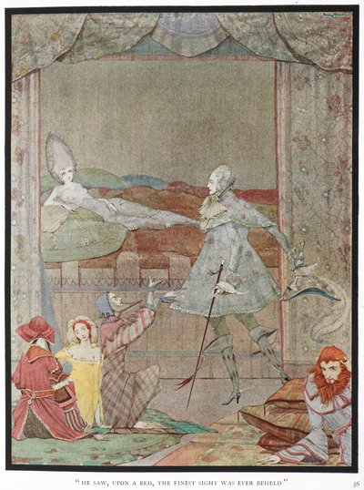 "Han så, på en seng, det fineste syn nogensinde blev set." Prinsen ser prinsessen, "Sleeping Beauty", på sin seng. af Harry Clarke