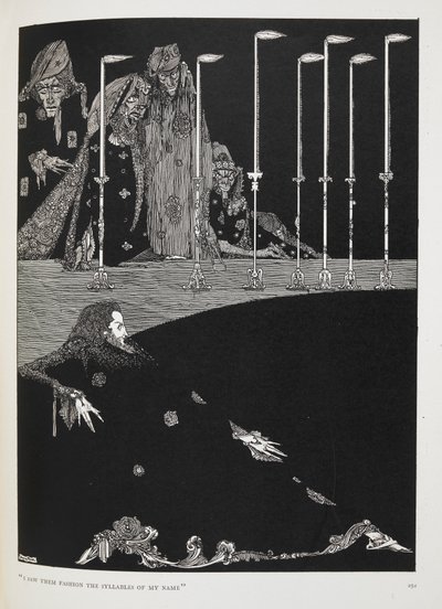 "Jeg så dem skabe stavelserne i mit navn". Illustration til historien, "graven og pendulet". af Harry Clarke