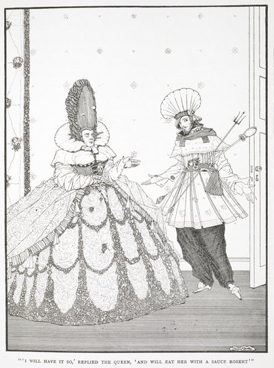 "Minä syön sen niin", vastasi kuningatar, "ja syön hänet Robert-kastikkeen kanssa." Kuvitus tarinalle "nukkuva kaunotar puussa". af Harry Clarke