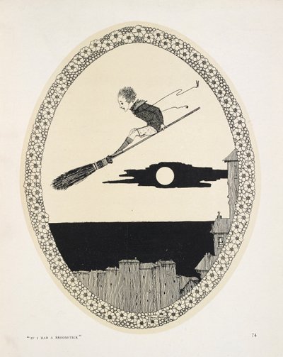 "Hvis jeg havde et kosteskaft". Illustration til et digt Af Patrick R. Chalmers. En dreng på et kosteskaft af Harry Clarke