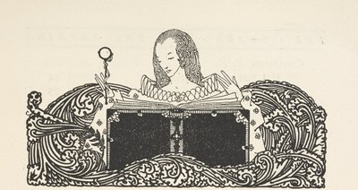 Illustration, der viser en kvinde, der læser en bog, øverst på indholdssiden. af Harry Clarke