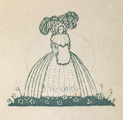 Illustration, der viser en kvinde, iført en stor kjole. af Harry Clarke