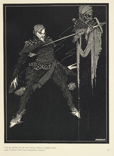 "I min død, se ved dette billede, som er dit eget, hvor fuldstændigt du har myrdet dig selv". Fortællerens dobbeltspiller, i "William Wilson," The Gift (1839). af Harry Clarke