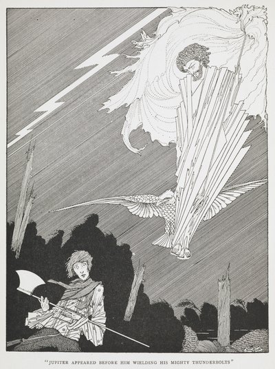 "Jupiter dukkede op foran ham med sine mægtige tordenbolte." Illustration til "de latterlige ønsker." af Harry Clarke