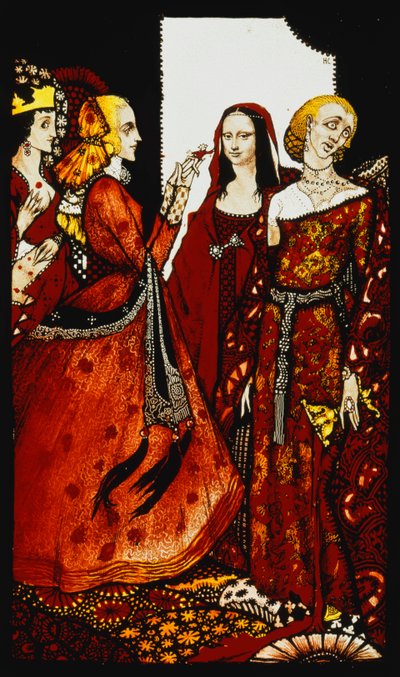 Dronninger, hvis finger engang rørte mænd." "Dronninger", ni glaspaneler syrnede, farvede og malede, Illustrerende J.M. Synges digt, 1917 af Harry Clarke