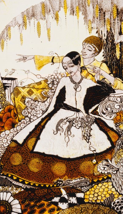 Syv hundedage lod vi passere, og navngav Queens i Glenmacnass." "Queens", ni glaspaneler syrnede, farvede og malede, Illustrerende J.M. Synges digt, 1917 af Harry Clarke