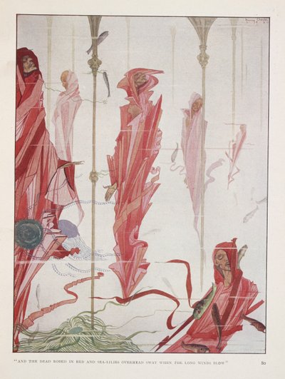 Den døende patriot. "Og de døde klædte sig i rødt og søliljer over hovedet   svaje, når de lange vinde blæser" af Harry Clarke