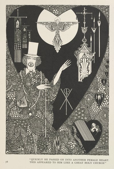 Lykkens Galoscher. Hurtigt gik han videre til et andet kvindehjerte. Dette forekom ham som en stor hellig kirke. af Harry Clarke