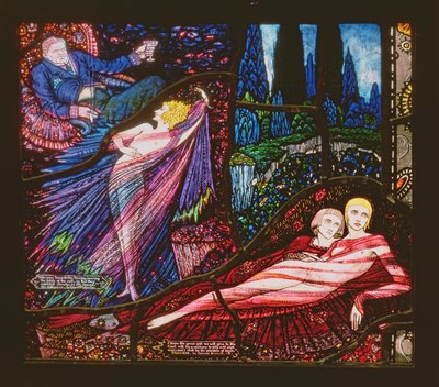 Genève-vinduet afbilder Mr Gilhooley af Liam OFlaherty og Deirdre af George Russell, 1929 af Harry Clarke