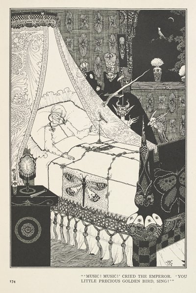 Nattergalen. "Musik! Musik!" råbte kejseren. "Du lille dyrebare guldfugl, syng!" af Harry Clarke