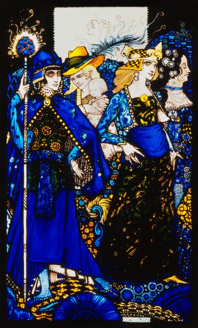The Queens of Sheba, Meath and Connaught". "Queens", ni glaspaneler syrnede, farvede og malede, illustrerer J.M. Synges digt, 1917 af Harry Clarke