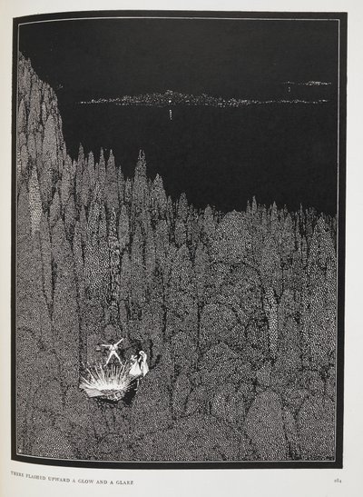 Ylöspäin välähti hehku ja häikäisy. Kuvitus novellelle, "kultavika". af Harry Clarke