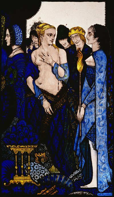 "Vi navngav Lucrezia Crivelli og Titians Lady with Amber Belly" Illustration af Harry Clarke fra 