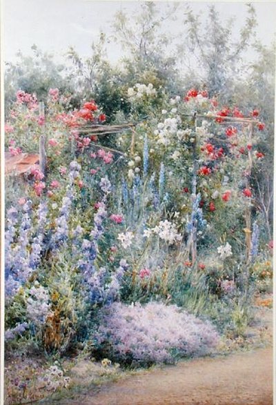 Hjørne af en sommerhave (akvarel på papir) af Harry E. James