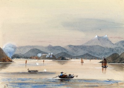 "HMS Tribune finder vej på Chuenpee-floden i Canton (Kina) med robåde og kinesiske junker. af Harry Edmond Edgell