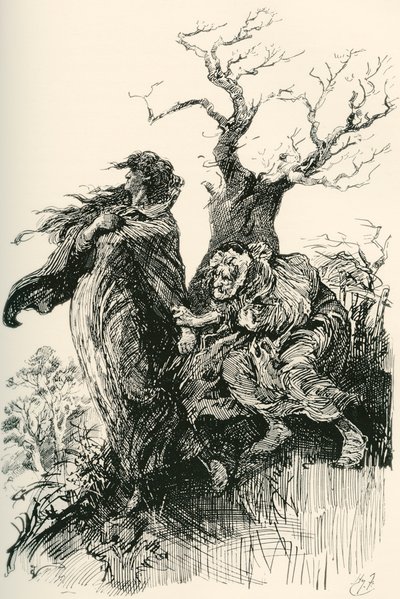 Alice Brown og hendes mor. "Efter et kvarters gang vovede den gamle kone, udmattet og forpustet, at holde i sine skørter; men hun vovede ikke mere, og de rejste videre i tavshed gennem vådt og mulm." Illustration af Harry Furni af Harry Furniss