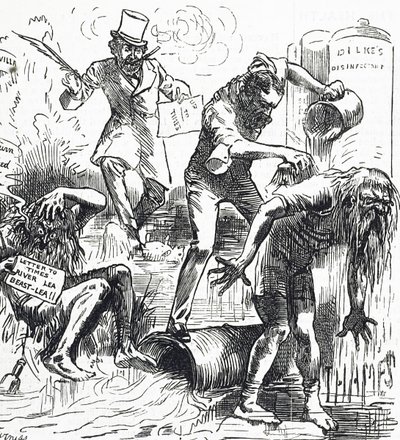 Tegneserie, der viser Themsen og Lea-floderne, der bliver angrebet på grund af deres beskidte tilstand af Harry Furniss