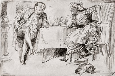 Clemency og Storbritannien. "Du bliver aldrig gift, du ved," sagde hr. Storbritannien. "Tror du dog ikke, jeg nogensinde skal gøre det?" sagde Clemency. "Ikke en chance for det!" "Tænk kun!" sagde Clemency. "Nå! Jeg formoder, at du mener Storbritannien en  af Harry Furniss