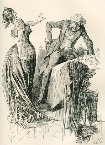 Edith og Mr. Carker. "Han kom lystigt imod hende, da hun på et øjeblik greb kniven op fra bordet og begyndte et skridt tilbage. "Stå stille," sagde hun, "eller jeg myrder dig!" Illustration af Harry Furniss for Charles Dickens roman af Harry Furniss